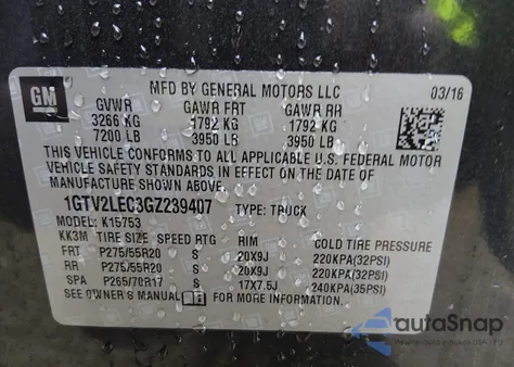 2016 GMC Sierra 1500 из США, поврежденный, VIN 1GTV2LEC3GZ239407